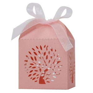 Pink laser-cut Tree of Life wedding candy box with pearlescent finish and white ribbon