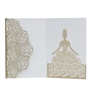 Elegant laser cut white and gold glitter rose flower wedding invitation with girl silhouette