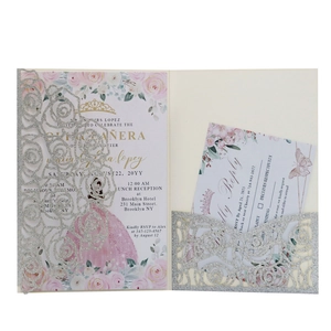 Elegant laser cut silver glitter rose wedding invitation set with RSVP card