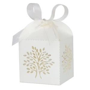 Laser cut Tree of Life white wedding candy box with a delicate pearl paper ribbon bow