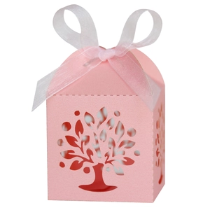 Detail showing pink laser-cut tree pattern gift box with elegant white ribbon bow