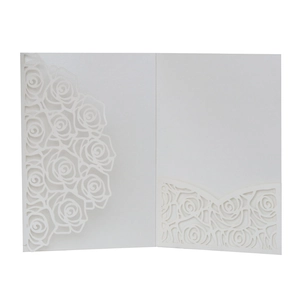 Detailed laser-cut rose patterns on white pearlescent paper wedding invitation holder