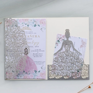 Detailed laser-cut rose hollow pocket and silver glitter invitation card for events