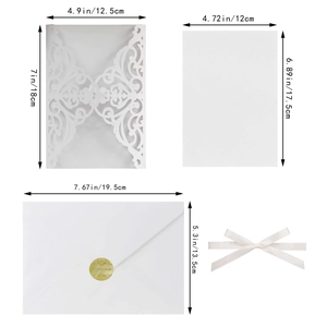Detailed dimensions of laser-cut wedding invitation set with white ribbon and gold seal
