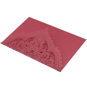 Dark red laser cut lace wedding invitation card with intricate hollowed floral patterns