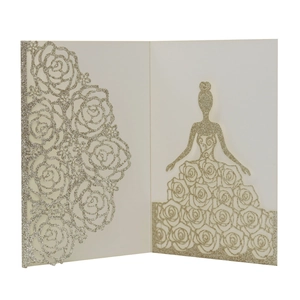 Laser-cut rose champagne glitter invitation with elegant bride silhouette detail