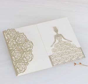 Detailed laser-cut white rose invitation with elegant female silhouette and gold glitter