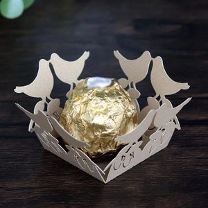 Laser cut champagne pearl paper tray with bird design for chocolates and wedding candy