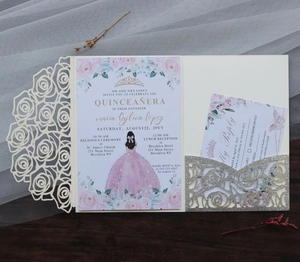 Laser cut rose wedding invitation set with glitter pocket and floral insert details
