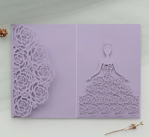 Intricate laser-cut lavender rose hollow invitation sleeve with elegant female silhouette