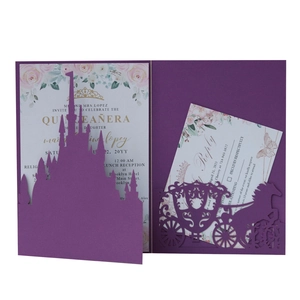 Laser cut purple castle Quinceañera invitation set with golden horse carriage detail