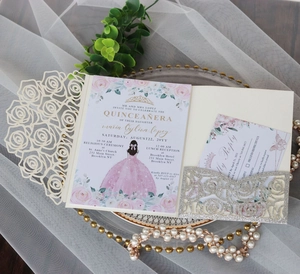 Detailed laser-cut rose invitation suite with glitter pocket and RSVP card for Quinceañera