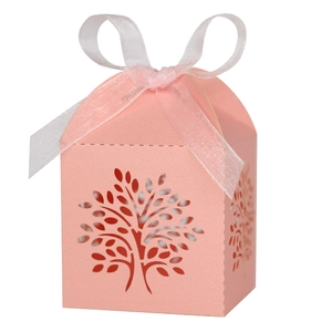 Pink Tree of Life laser-cut candy gift box with white ribbon bow for wedding parties