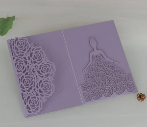 Detailed laser-cut purple rose wedding invitation with an elegant female silhouette