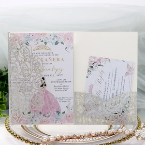 Detail of laser cut glitter rose invitation set with Quinceañera card and RSVP pocket