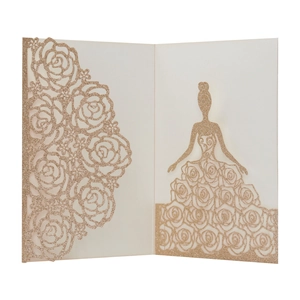 Detail showing glitter champagne gold laser-cut rose floral pattern and girl silhouette