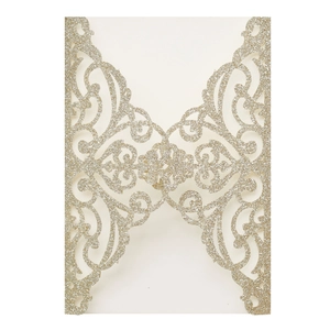 Housse d'invitation de mariage dorée découpée au laser avec paillettes et fleurs