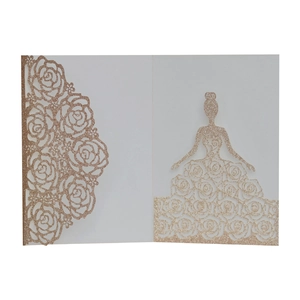 Detailed laser-cut glitter paper wedding invitation featuring roses and princess silhouette