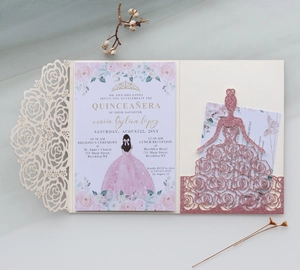 Detail showing laser-cut rose cover with pink glitter princess and floral invitation card