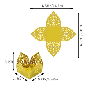 Flat and folded laser-cut gold candy box showing 11.5cm flat size and 3.9cm height