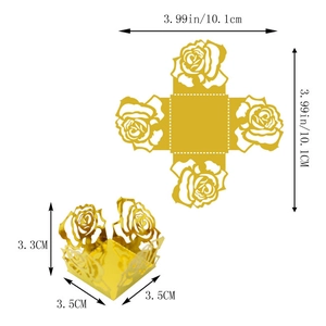 Vue détaillée d'une boîte à bonbons rose dorée découpée au laser avec ses dimensions