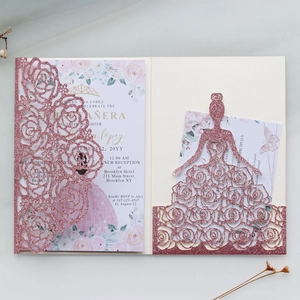Laser Cut Glitter Paper Wedding Invitation Cards Floral Hollow Out Quinceanera Birthday Party Invitation Cards With Envelopes