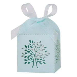 Light blue laser-cut tree of life candy gift box with a white organza ribbon bow