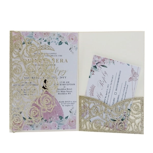 Detailed laser-cut rose invitation with gold glitter texture and floral card set