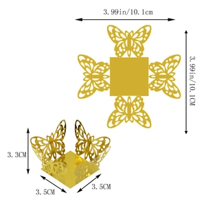 Detailed size view of golden hollow butterfly candy box in flat and folded states