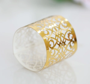 Detailed macro view of golden napkin ring with ornate European filigree hollow pattern