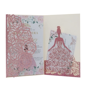 Detail of pink glitter laser-cut invitation with rose patterns and girl dress silhouette