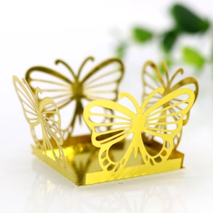 Detailed laser-cut gold butterfly mirror candy box for elegant wedding table decoration