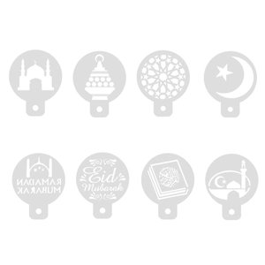 8-piece set of Ramadan and Eid Mubarak PET stencil templates for coffee and cake decoration