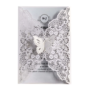 Elegant laser cut white lace wedding invitation with 3D butterfly design and gray inner sheet