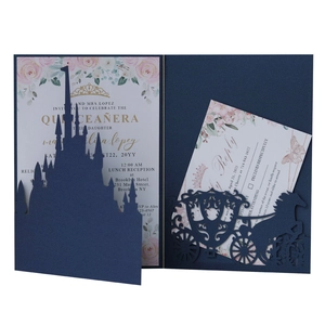 Navy laser cut castle wedding invitation set with pumpkin carriage and floral inserts