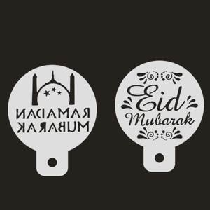 Eid and Ramadan Mubarak cake stencils set with mosque silhouette and moon patterns