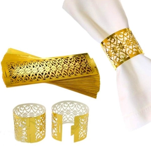 Detail of rose gold napkin ring featuring intricate hollow patterns on a white cloth