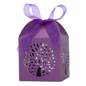 Purple laser cut Tree of Life wedding candy box with a decorative ribbon and bow