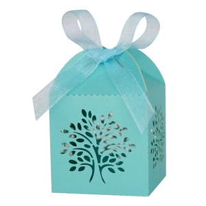 Laser cut Tree of Life candy gift box in Tiffany blue with a matching ribbon bow