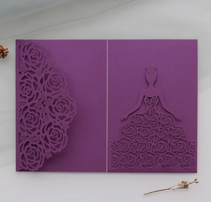 Detail of purple laser-cut rose invitation with elegant female silhouette and lace edges