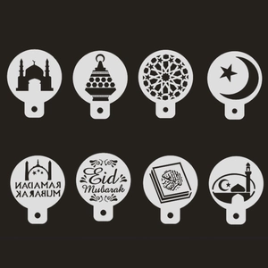 Detail of 8pcs Ramadan PET cake stencils with moon and mosque patterns for Eid decoration