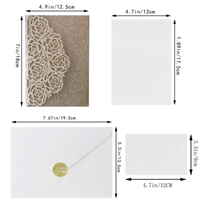 Macro detail of laser-cut rose invitation set with champagne glitter cover and cards