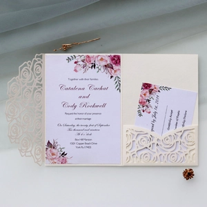Detailed laser-cut rose hollow pocket with floral wedding invitation and RSVP card