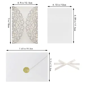 Detailed size specifications for laser cut glitter wedding invitation card set