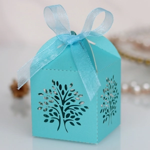 Detail of Tiffany blue gift box with laser-cut tree of life design and organza ribbon