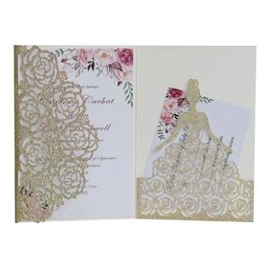 Detailed laser-cut rose hollow wedding invitation with gold glitter and bridal dress RSVP card