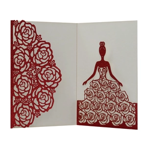 Close-up of laser-cut glitter rose design on ivory card with female silhouette detail