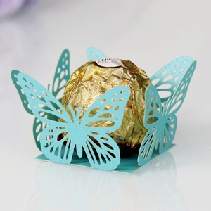 Close-up of laser-cut hollow butterfly chocolate holder in light blue paper