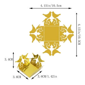 Laser cut golden candy box with birds and floral patterns showing 2D and 3D views