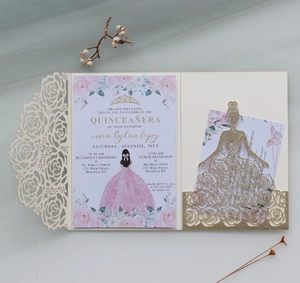 Detailed laser cut rose patterns on elegant wedding invitation with glitter dress card